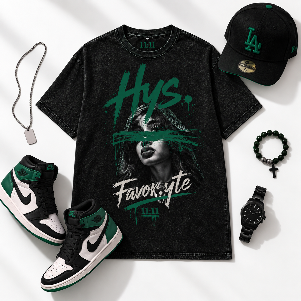 Hys. Favor.yte Signature Tee - Black Acid Wash / Emerald