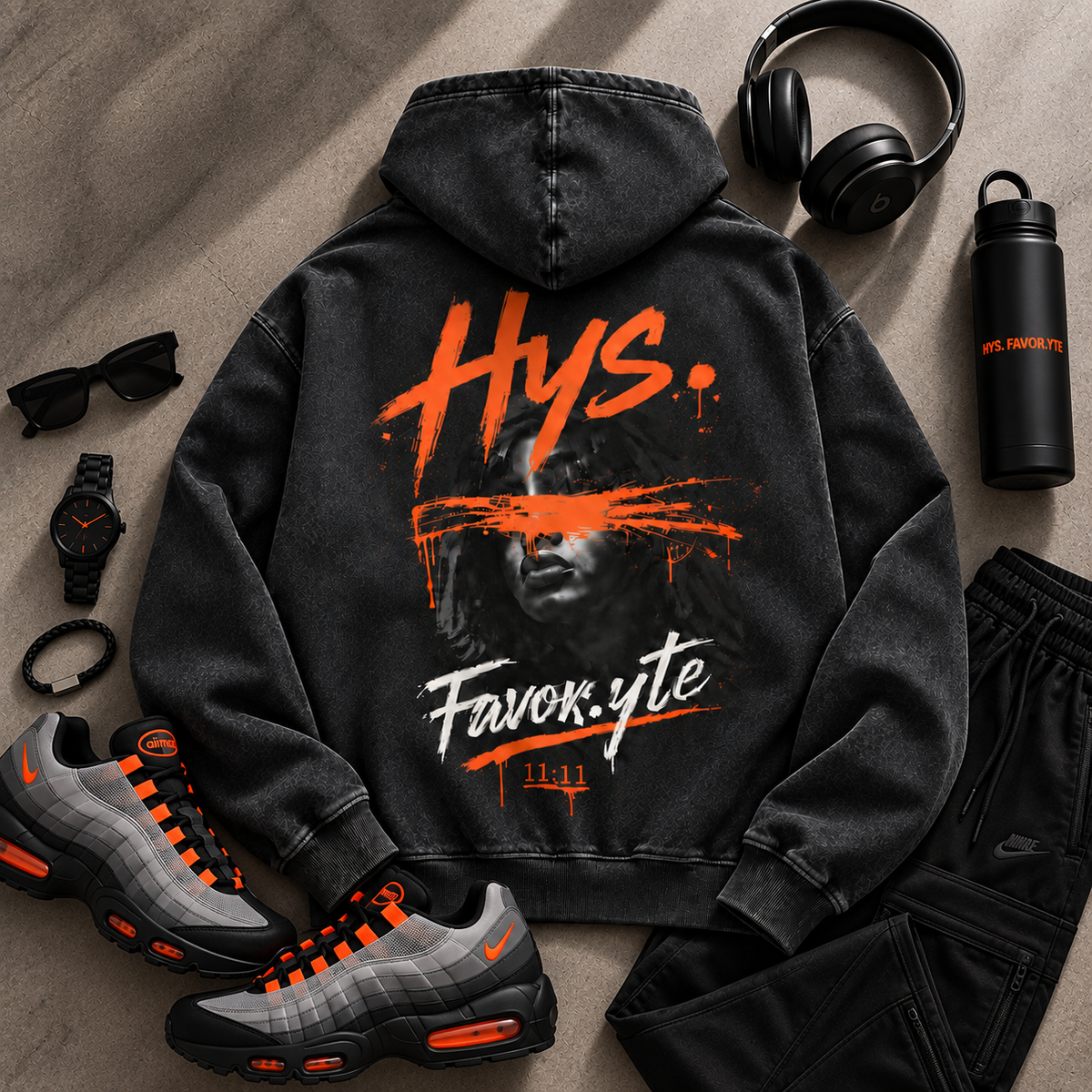 Hys. Favor.yte Chosen Hoodie - Black Acid Wash / Orange