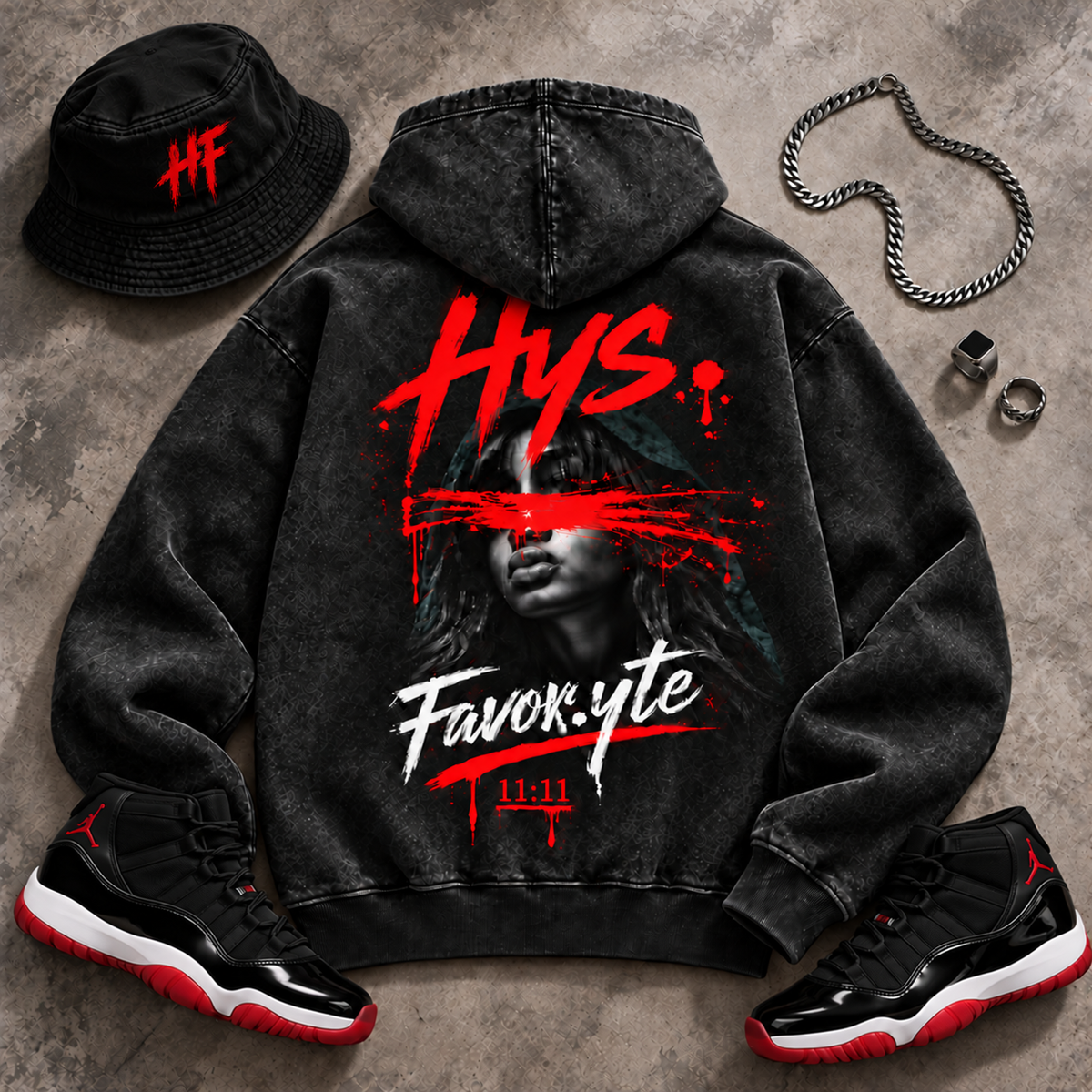 Hys. Favor.yte Chosen Hoodie - Black Acid Wash / Crimson