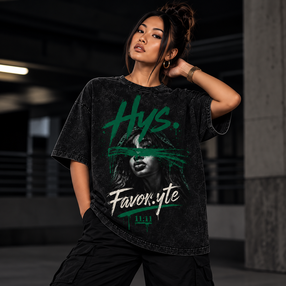 Hys. Favor.yte Signature Tee - Black Acid Wash / Emerald